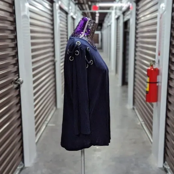 Alison Andrews XL Soft Navy Blue Long Sleeve Shirt w Metal Criss Cross Shoulder - Picture 4 of 7